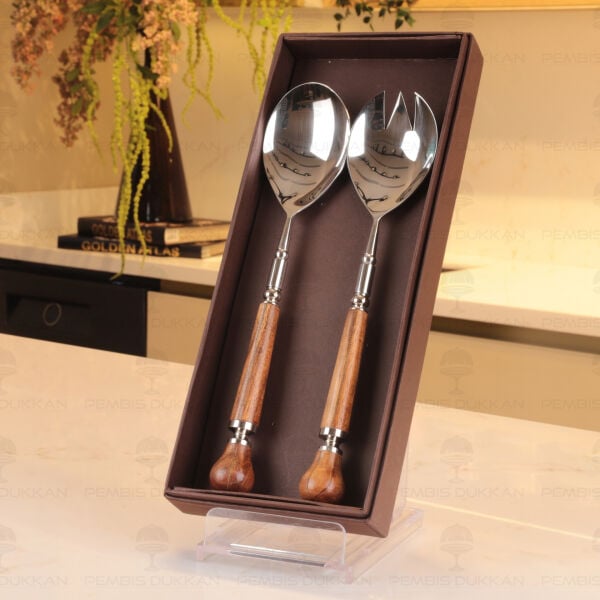 2 Parça Gümüş Ahşap Salata Servis Seti