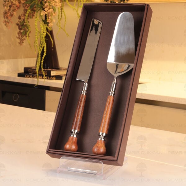 2 Parça Gümüş Ahşap Kek Servis Seti