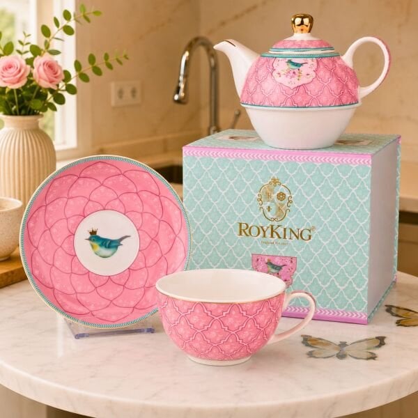 Qush Pembe Fincanlı Demlik