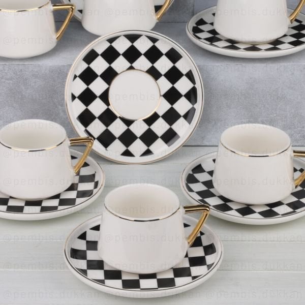 6 KİŞİLİK SİYAH DAMALI FİNCAN TAKIMI