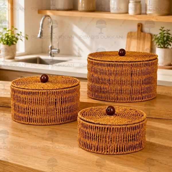 3lü Rattan Kapaklı Yuvarlak Sepet (1715)