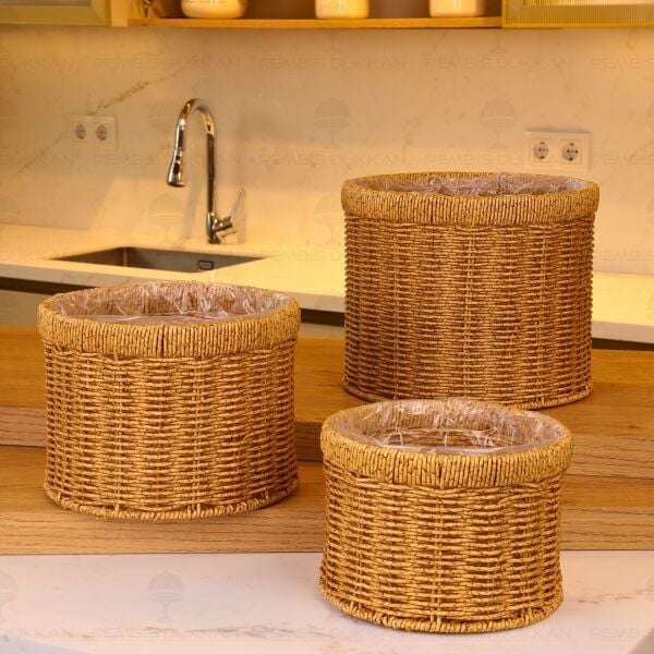 3lü Rattan Silindir Poşetli Saksı Sepet (1636)