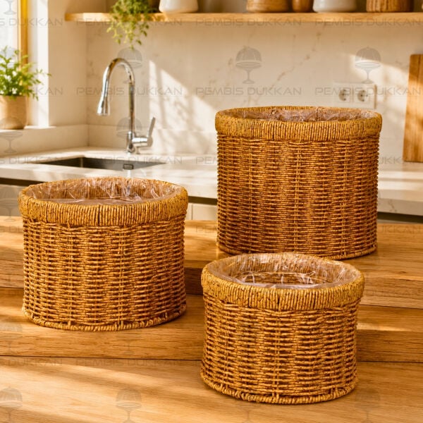 3lü Rattan Silindir Poşetli Saksı Sepet (1636)