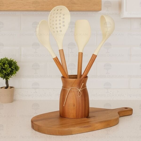 5Lİ AKASYA SAPLI KREM SİLİKON SET & AKASYA BOHEM KAŞIKLIK