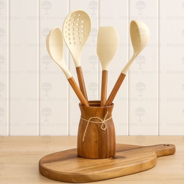 5Lİ AKASYA SAPLI KREM SAPLI SİLİKON SET & AKASYA BOHEM KAŞIKLIK