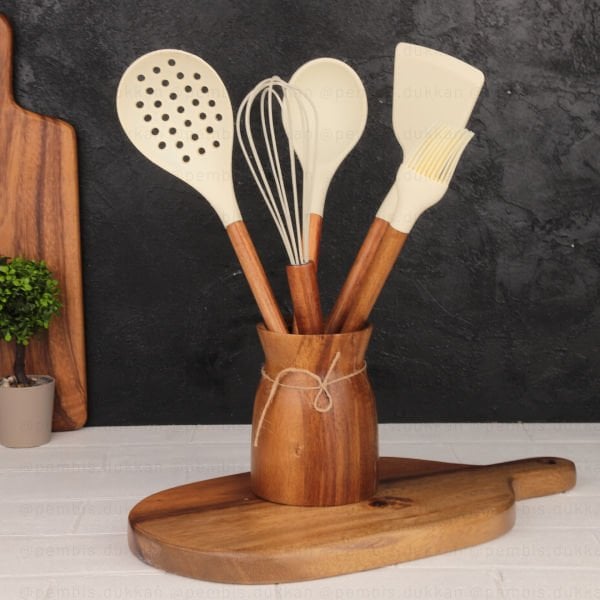 6LI AKASYA SAPLI KREM SİLİKON SET & AKASYA BOHEM KAŞIKLIK SET NO1