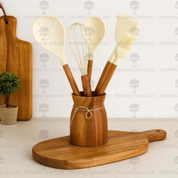 6 PARÇA AKASYA SAPLI KREM SİLİKON SET & AKASYA BOHEM KAŞIKLIK SET NO1