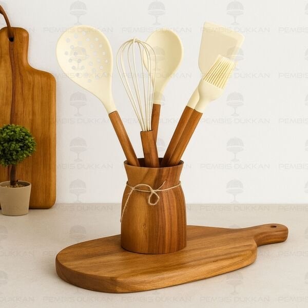 6LI AKASYA SAPLI KREM SİLİKON SET & AKASYA BOHEM KAŞIKLIK SET NO1