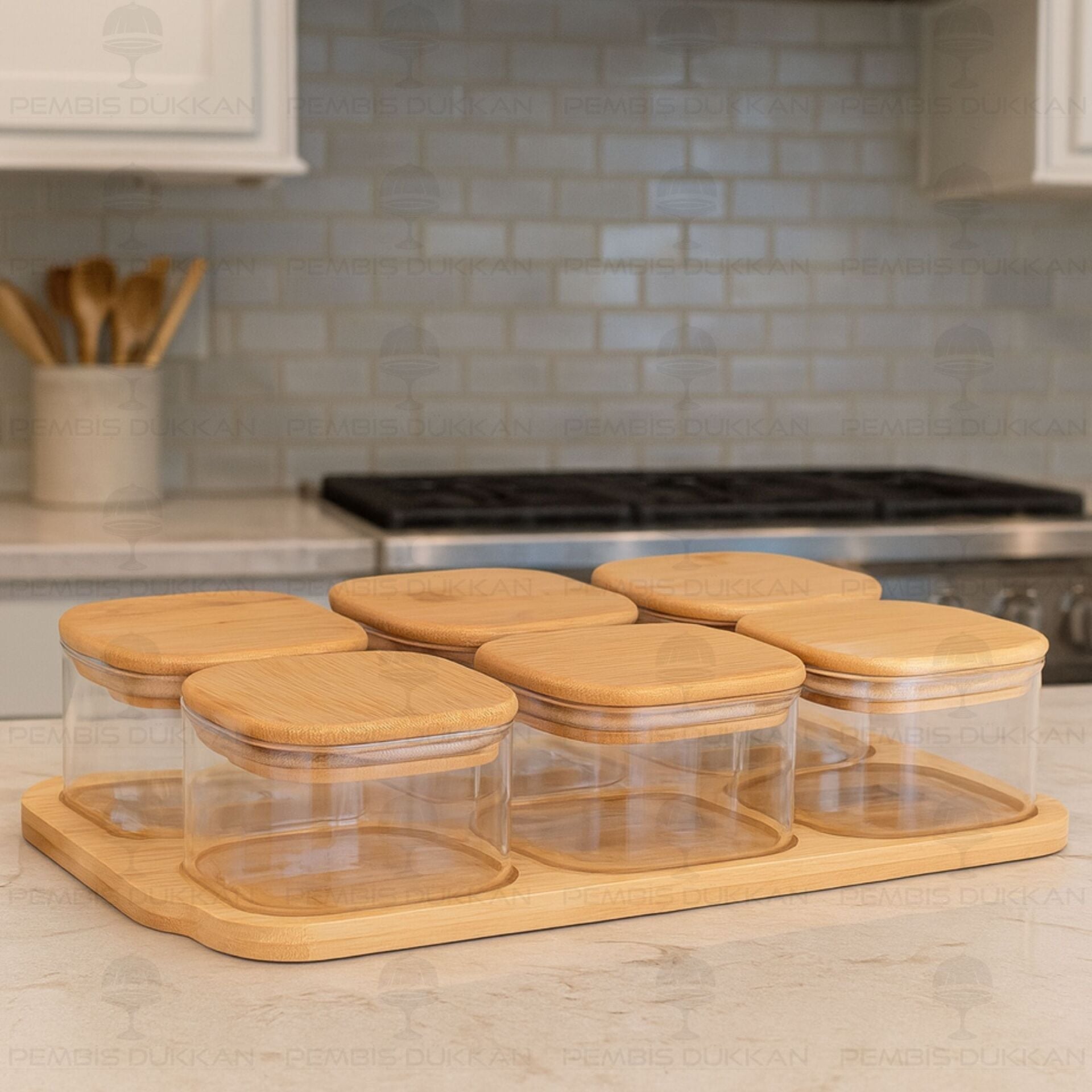 6LI BAMBU KAPAKLI, TEPSİLİ CAM KAHVALTILIK (BOR 003)