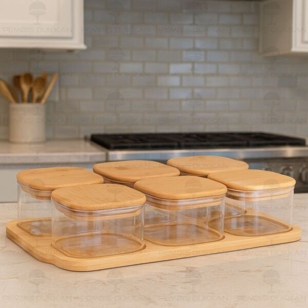 6LI BAMBU KAPAKLI, TEPSİLİ CAM KAHVALTILIK (BOR 003)