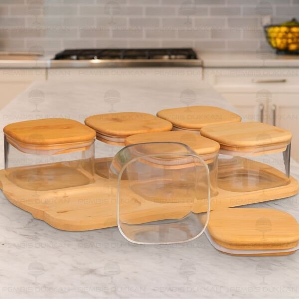 6LI BAMBU KAPAKLI, TEPSİLİ CAM KAHVALTILIK (BOR 003)