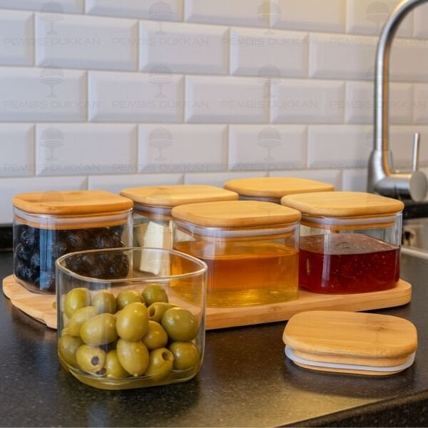 6LI BAMBU KAPAKLI, TEPSİLİ CAM KAHVALTILIK (BOR 003)