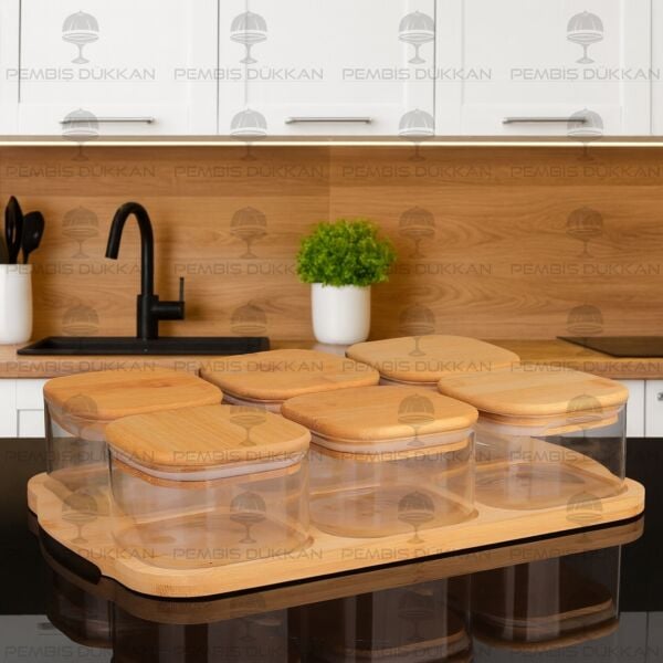 6LI BAMBU KAPAKLI, TEPSİLİ CAM KAHVALTILIK (BOR 003)