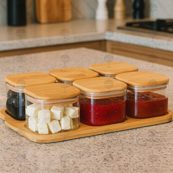 6LI BAMBU KAPAKLI, TEPSİLİ CAM KAHVALTILIK (BOR 003)