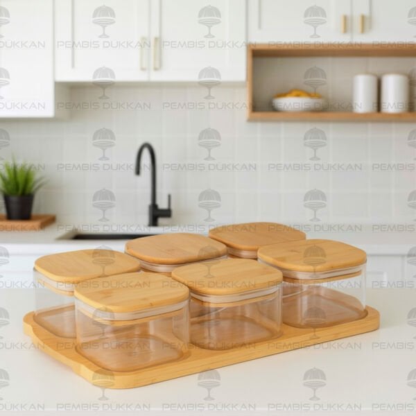 6LI BAMBU KAPAKLI, TEPSİLİ CAM KAHVALTILIK (BOR 003)