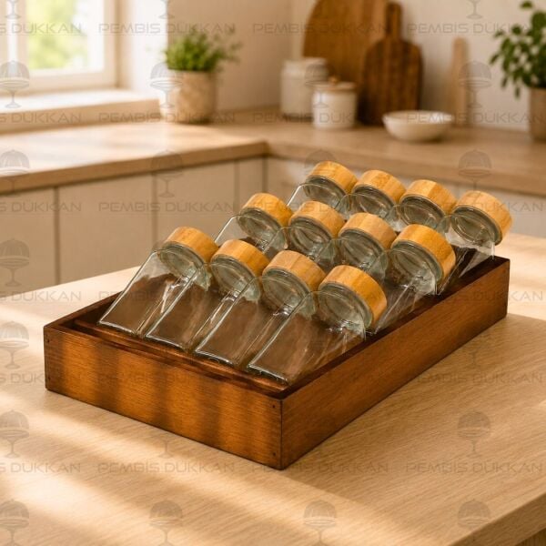 Çekmece İçi Akasya Standlı, 12li Bohem Bambu Kapaklı Baharatlık Set (1721-7119008)