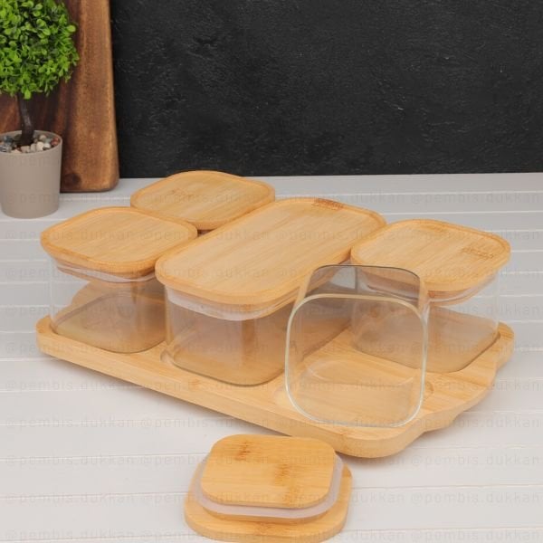 5Lİ BAMBU KAPAKLI, TEPSİLİ CAM KAHVALTILIK (BOR 0002)