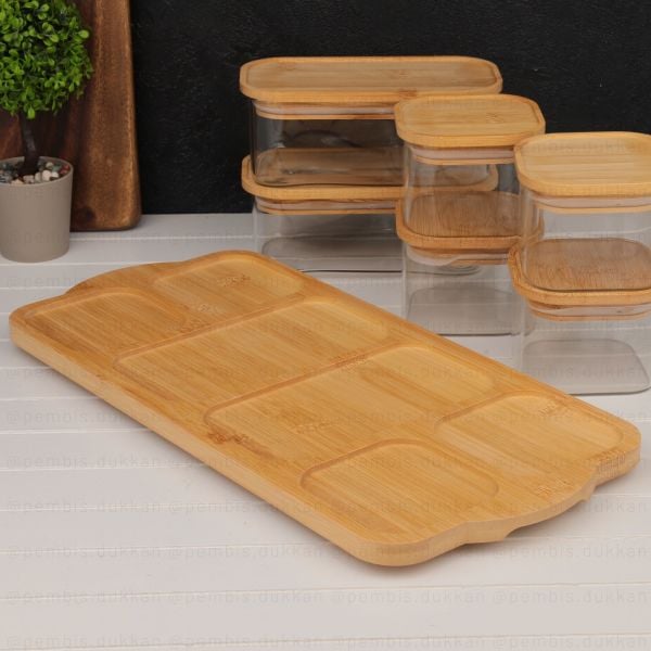 6LI BAMBU KAPAKLI, TEPSİLİ CAM KAHVALTILIK (BOR 0001)