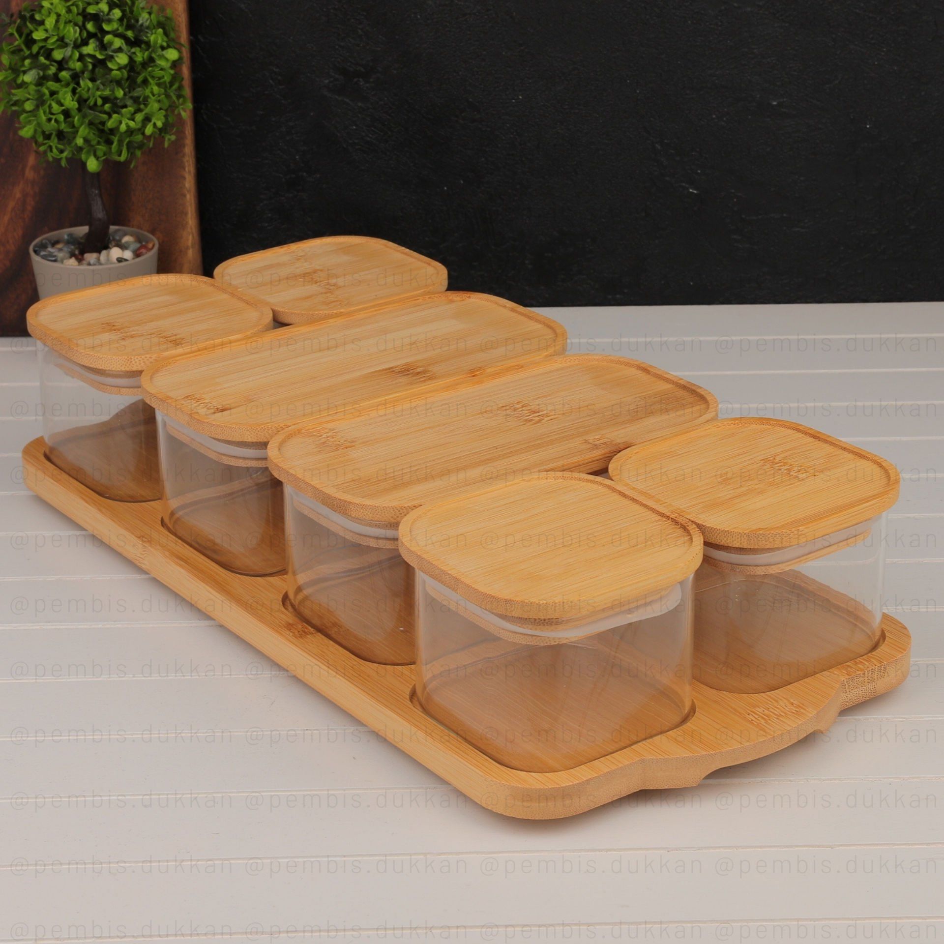 6LI BAMBU KAPAKLI, TEPSİLİ CAM KAHVALTILIK (BOR 0001)