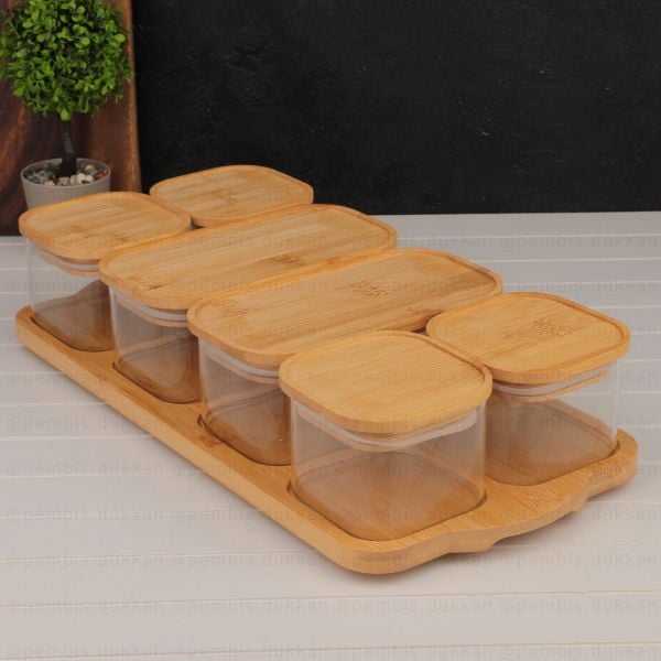 6LI BAMBU KAPAKLI, TEPSİLİ CAM KAHVALTILIK (BOR 0001)