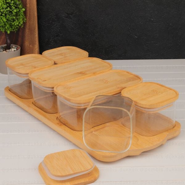 6LI BAMBU KAPAKLI, TEPSİLİ CAM KAHVALTILIK (BOR 0001)