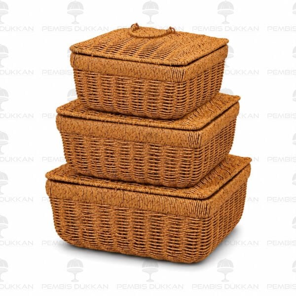 3lü Kare Kapaklı Rattan Sepet 208