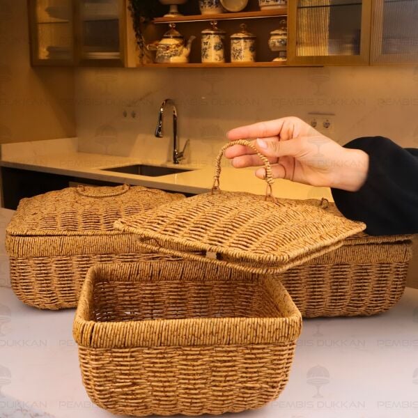 3lü Kare Kapaklı Rattan Sepet 208