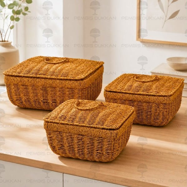 3lü Kare Kapaklı Rattan Sepet 208