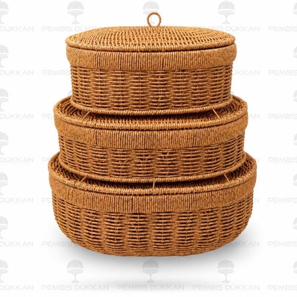 3LÜ OVAL KAPAKLI RATTAN SEPET (209)