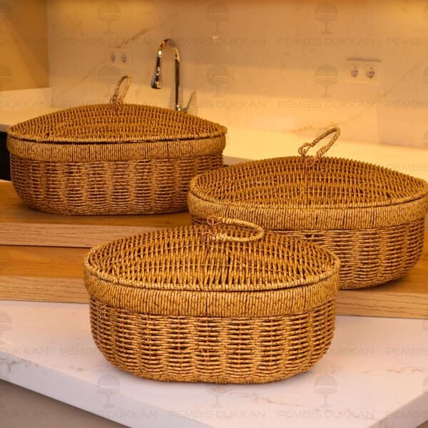 3LÜ OVAL KAPAKLI RATTAN SEPET (209)