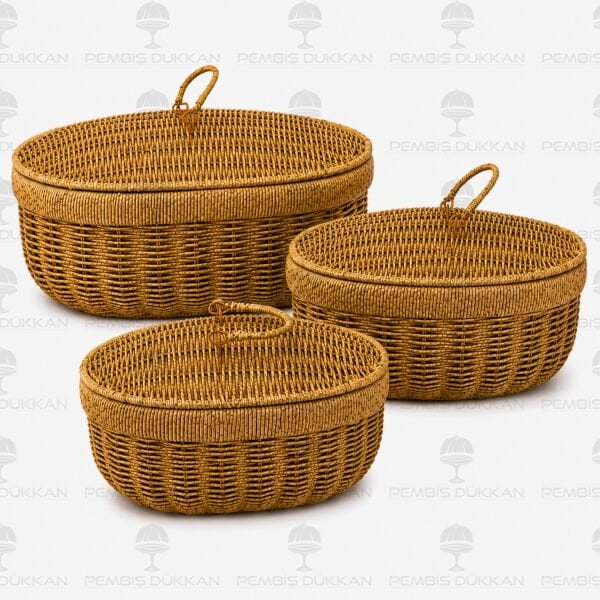 3LÜ OVAL KAPAKLI RATTAN SEPET (209)