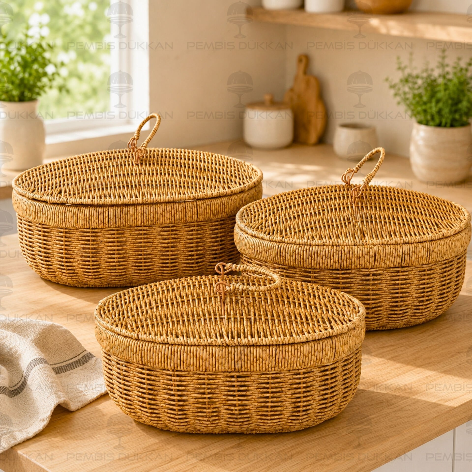 3lü Oval Kapaklı Rattan Sepet 209