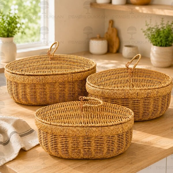 3'lü Oval Kapaklı Rattan Sepet 209