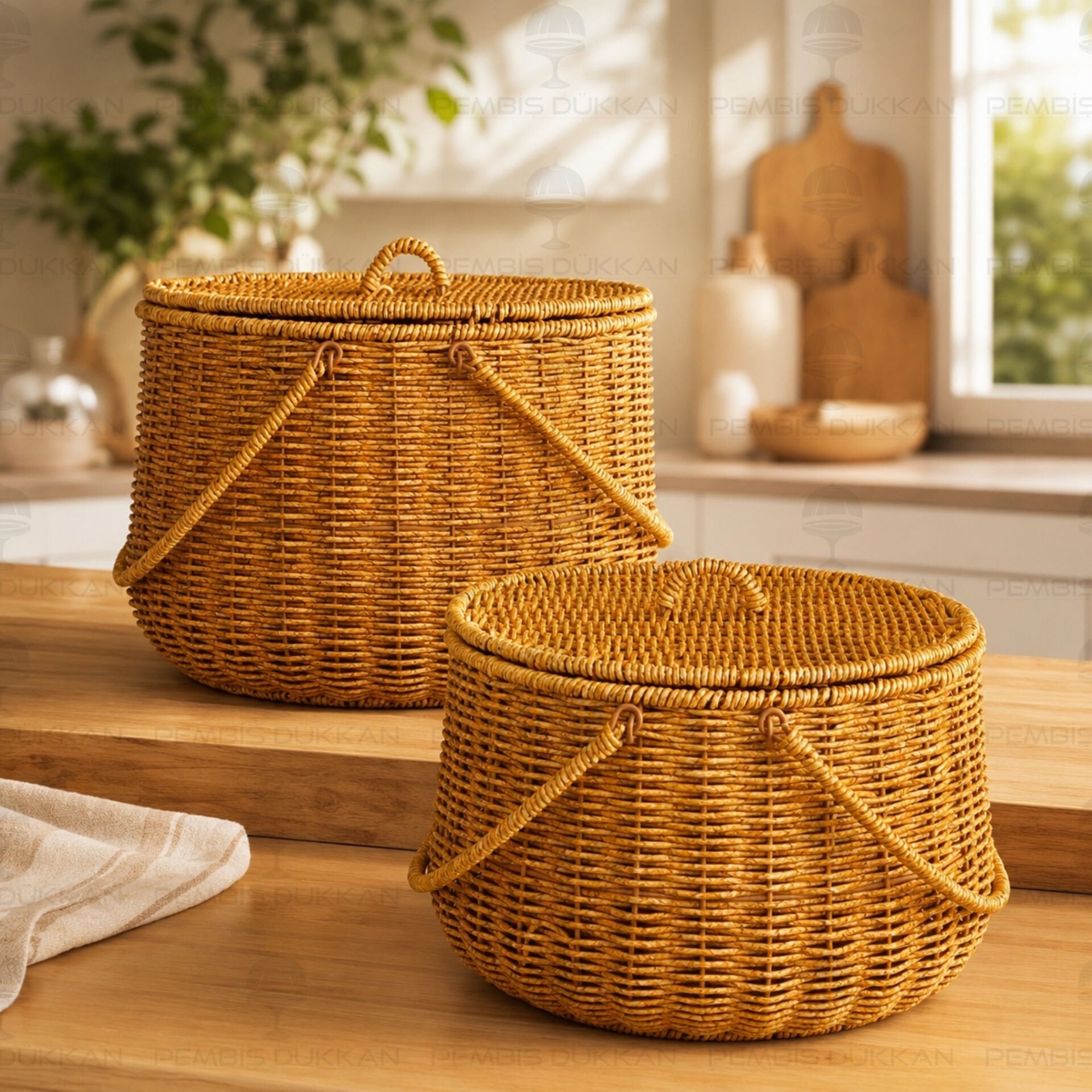 2li Rattan Yuvarlak Kulplu Patates Soğan Sepeti 697