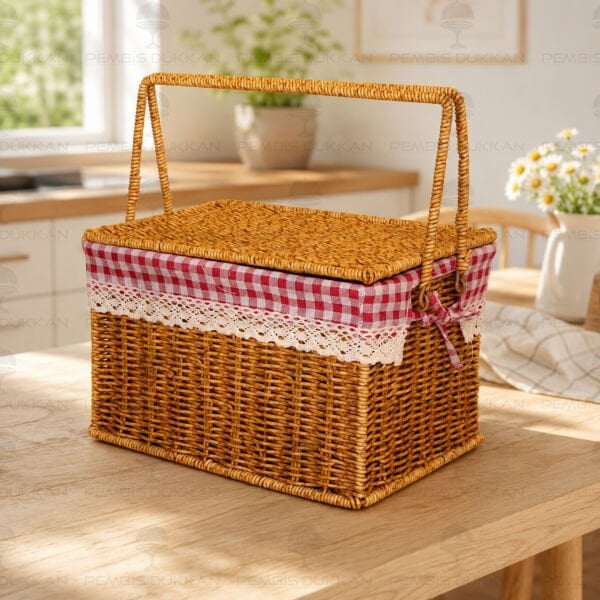 DİKDÖRTGEN RATTAN BEZLİ KAPAKLI SEPET (71562)