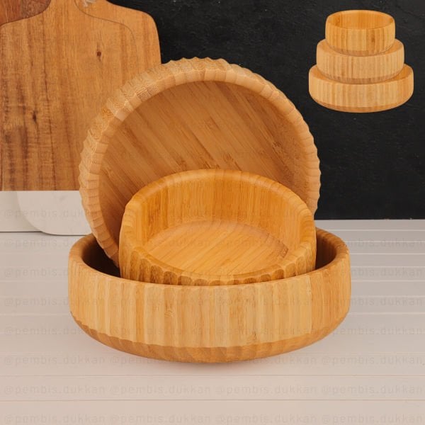 3'LÜ YUVARLAK BAMBU KENAR ÇİZGİLİ KASE SET