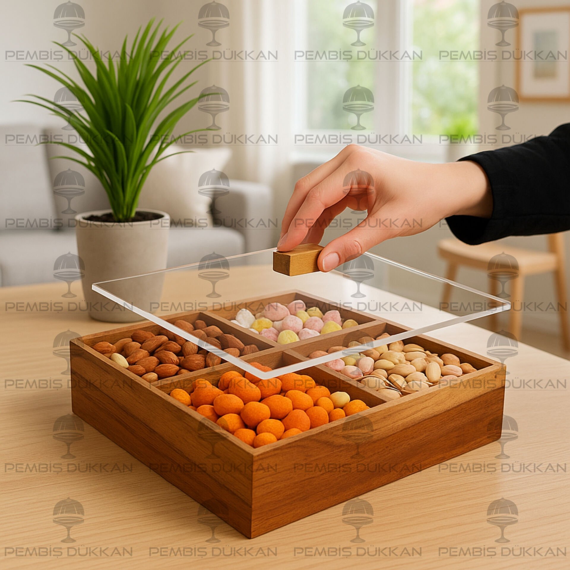 AKASYA 4 BÖLMELİ KARE, PLEKSİ KAPAKLI ÇEREZLİK  (THN767647)