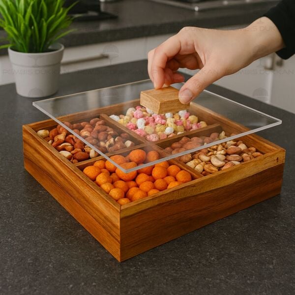 AKASYA 4 BÖLMELİ KARE, PLEKSİ KAPAKLI ÇEREZLİK  (THN767647)