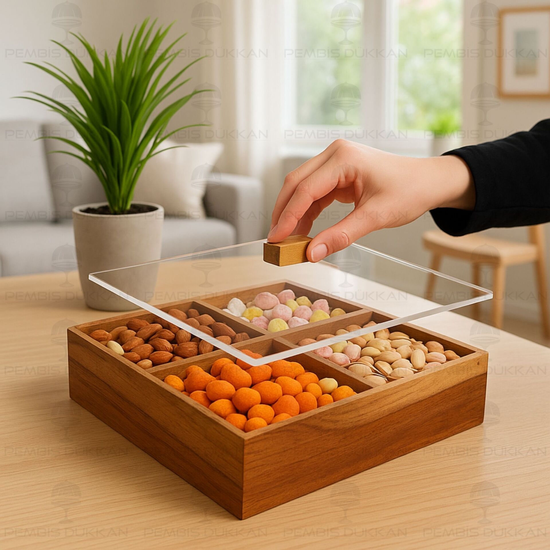 AKASYA 4 BÖLMELİ KARE, PLEKSİ KAPAKLI ÇEREZLİK  (THN767647)