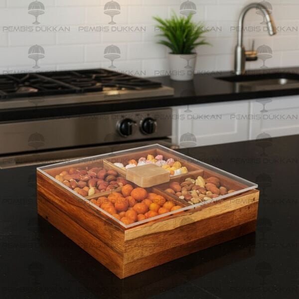 AKASYA 4 BÖLMELİ KARE, PLEKSİ KAPAKLI ÇEREZLİK  (THN767647)