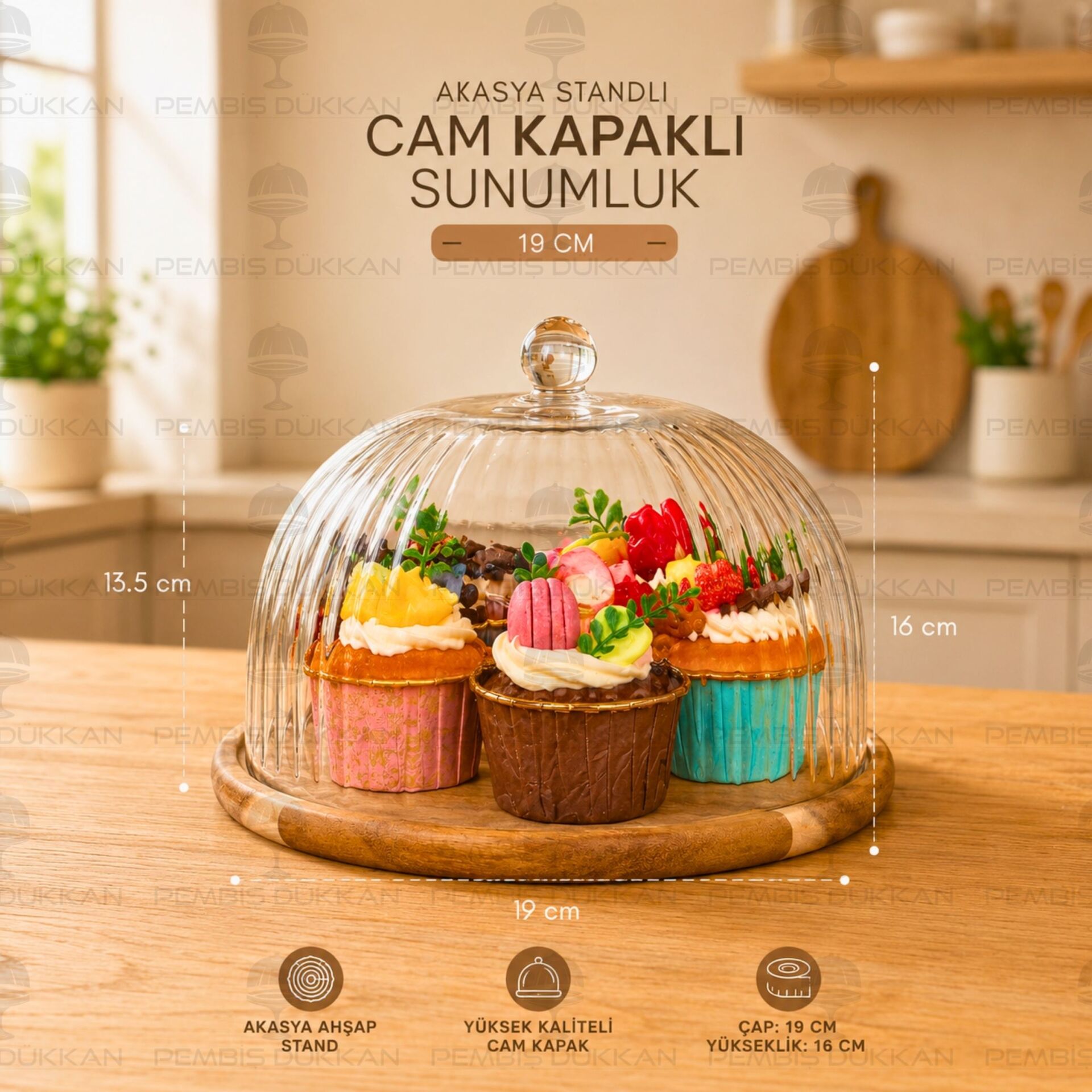 MİNİ 19CM AKASYA STANDLI, CAM İKRAM FANUSU
