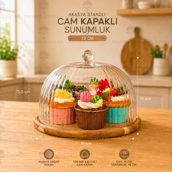 MİNİ 19CM AKASYA STANDLI, CAM İKRAM FANUSU