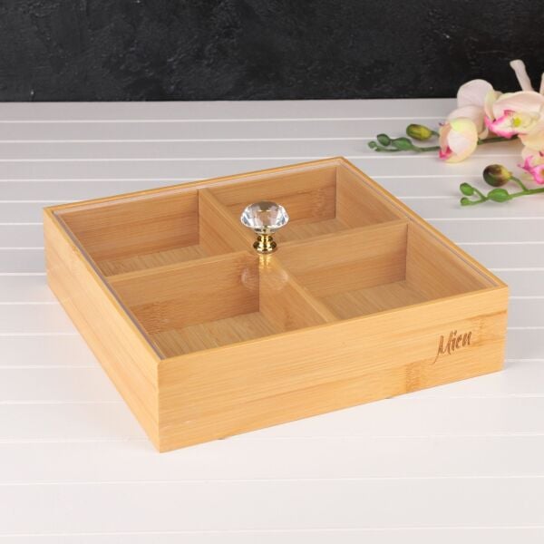 BAMBU 4 BÖLMELİ KARE, PLEKSİ KAPAKLI ÇEREZLİK (627)