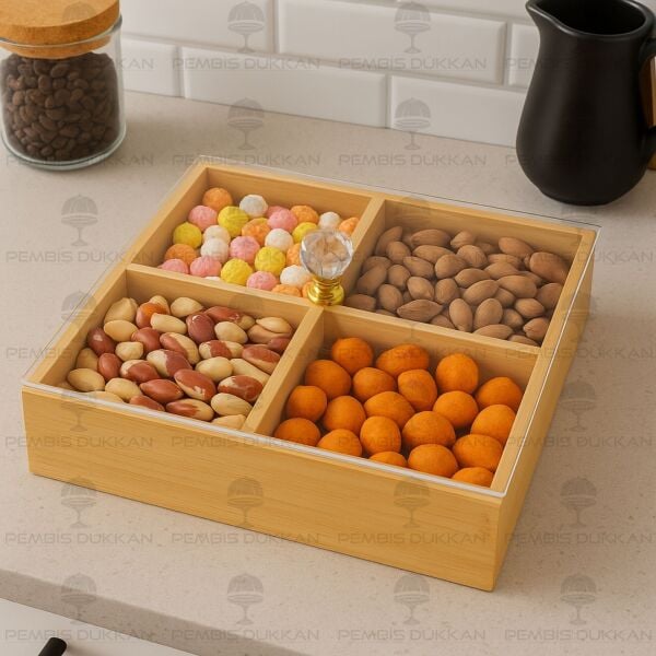 4 BÖLMELİ PLEKSİ KAPAKLI BAMBU ÇOK AMAÇLI KUTU & ÇEREZLİK