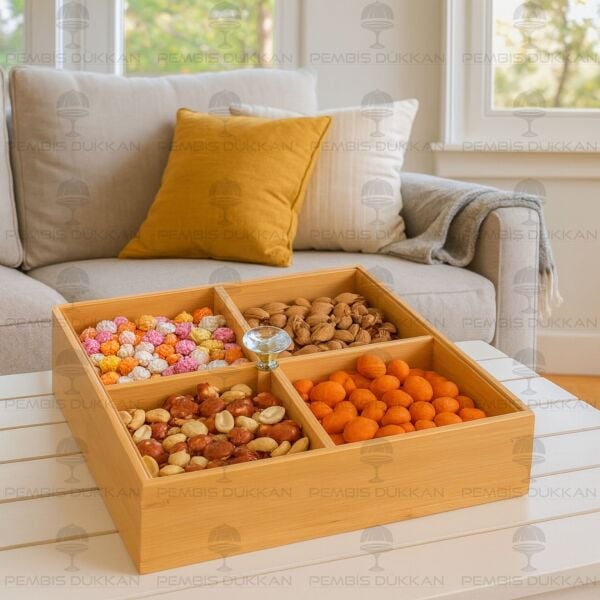 BAMBU 4 BÖLMELİ KARE, PLEKSİ KAPAKLI ÇEREZLİK (627)