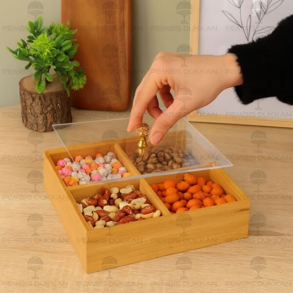 BAMBU 4 BÖLMELİ KARE, PLEKSİ KAPAKLI ÇEREZLİK (627)