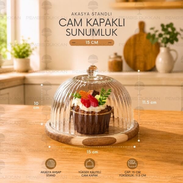 MİNİ 15CM AKASYA STANDLI, CAM İKRAM FANUSU