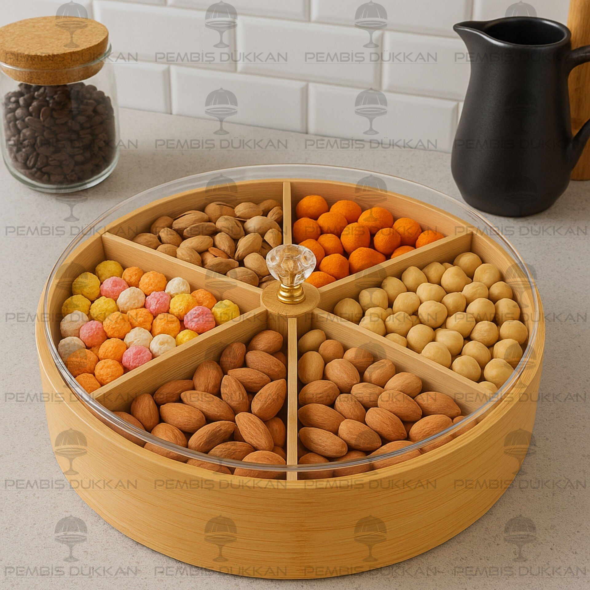 BAMBU 6 BÖLMELİ YUVARLAK, PLEKSİ KAPAKLI ÇEREZLİK (633)