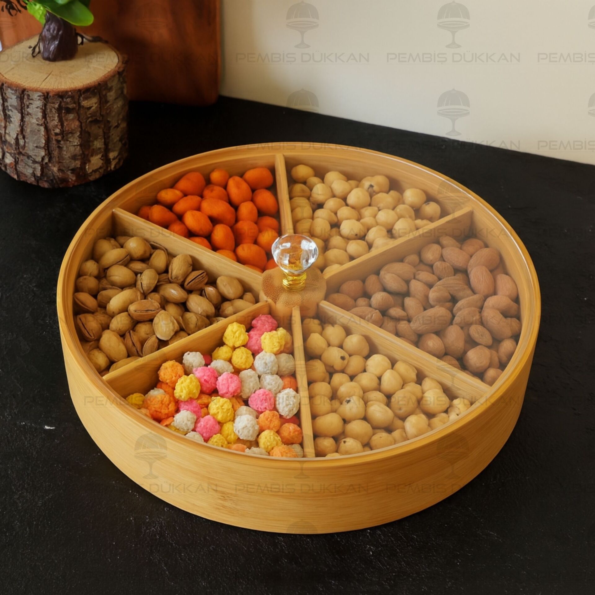 BAMBU 6 BÖLMELİ YUVARLAK, PLEKSİ KAPAKLI ÇEREZLİK (633)