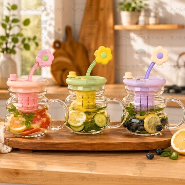 PİPETLİ BOMBELİ CAM DETOKS KUPA (RENK SEÇİNİZ)